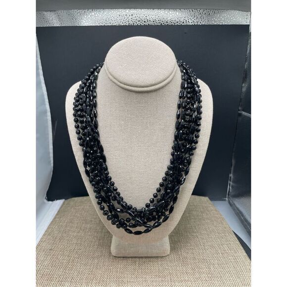 Vintage Multi Strand Plastic Black Beaded Necklace Retro Grandma - Picture 7 of 7